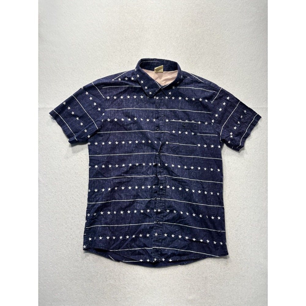 Rustic Blue Shirt Mens Small Blue Star Stripe Print Short Sleeve Button Up